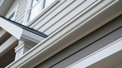 Obraz premium Close-up of a Modern House's Exterior, Featuring Clean Lines and Architectural Details. The image showcases a new home's roofline, gutters, and siding, emphasizing modern design and construction.