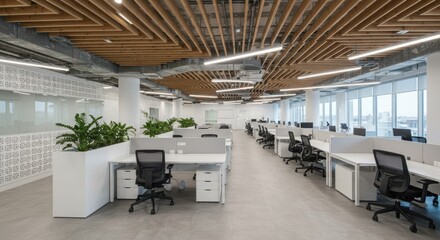 Fototapeta premium Modern open office space, minimalist design, white cubicles, ergonomic chairs, wooden ceiling accents, indoor plants, natural light