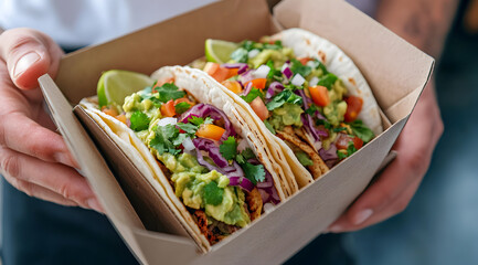A person holds a takeaway box containing three delicious tacos, filled with colorful toppings like guacamole, tomatoes, and onions.