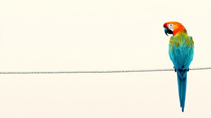 Vibrant parrot perched on a wire against a soft pastel sky, embodying tranquility and nature's beauty