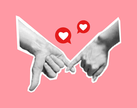 Interlocking pinky fingers of romantic couple halftone collage vector illustration. Heart icons and joined hands on pink background