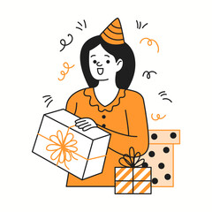 Happy woman with birthday presents orange color linear icon. Lady with party cone excited of holiday presents character doodle simple illustration