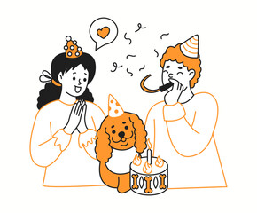 Young couple celebrating dog birthday orange color linear icon. Loving pet owners with pet and cake characters doodle simple illustration