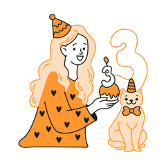 Happy woman celebrating cat birthday orange color linear icon. Lady giving cupcake with candle to pet for holiday character doodle simple illustration