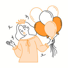 Happy woman with crown and balloons at birthday orange color linear icon. Lady celebrating holiday event character doodle simple illustration