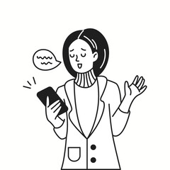 Professional female employee using smartphone linear icon. Communicating with coworkers woman doodle character thin line illustration