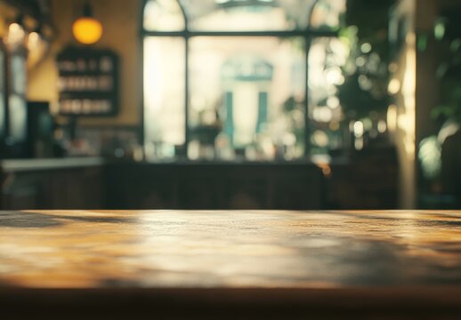 Empty wooden table in a blurry cafe.