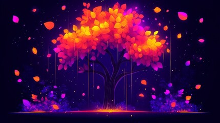 Luminous Tree in a Nighttime, Abstract, Falling-Petals Rain