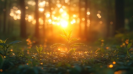 Naklejka premium Sunrise illuminates young plant in forest