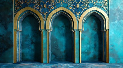 Naklejka premium Elegant Teal Wall with Golden Arches and Intricate Design