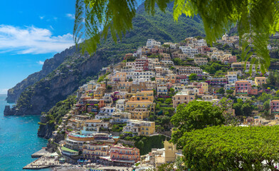 Scenic views of Positano Italian colorful architecture and landscapes on Amalfi Coast in Italy.