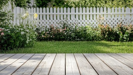 Wooden deck overlooking lush garden with white picket fence.