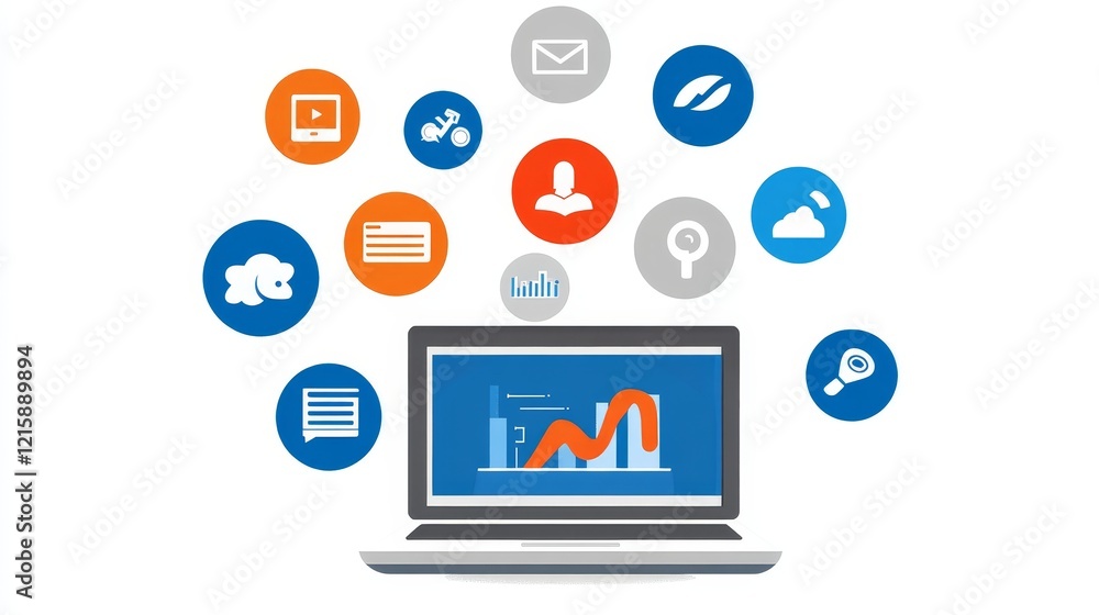 Poster integrated software platform with diverse application icons and data analytics