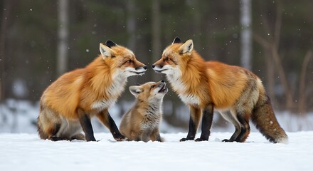 Obraz premium Red Fox Family in Winter Snow Scene
