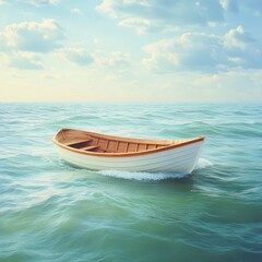Naklejka premium Small Rowboat on Calm Ocean at Sunset