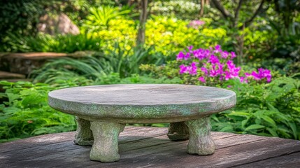Serene Garden Stone Table Setting Peaceful Outdoor Scene