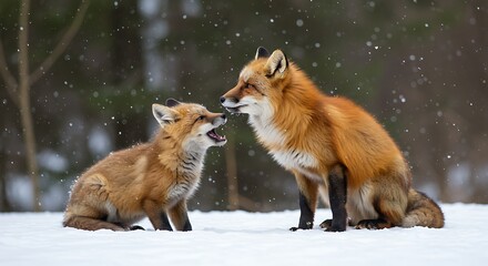 Fototapeta premium Red Fox Family in Snowy Winter Wonderland