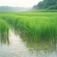 Obraz premium Lush Green Rice Paddy Field with Water.