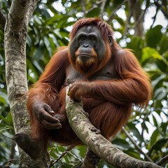 Fototapeta premium Tapanuli Orangutan foraging for food among lush rainforest foliage