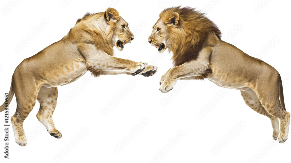 Poster lions jumping in action on clear background generative ai
