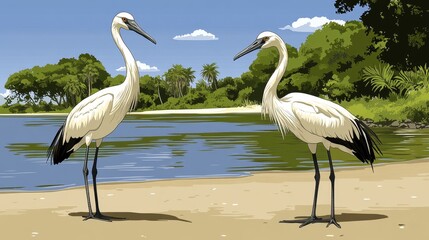 Obraz premium Two White Ibises Gracefully Standing by a Serene Lakeside Shore