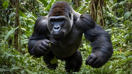 Naklejka premium Gorilla Charging: A Powerful Display of Strength in the Wild