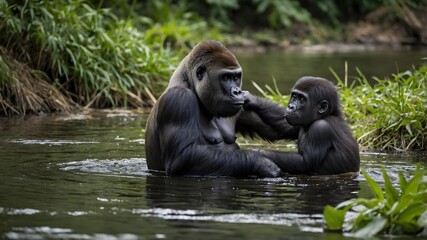Naklejka premium Gorilla Family Bonding: A Tender Moment of Play