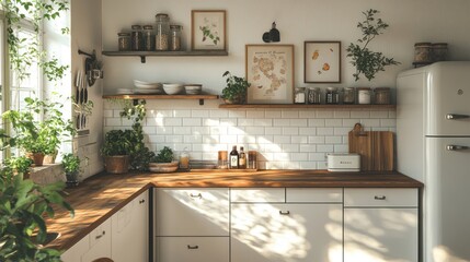 Fototapeta premium Sunlit Kitchen Haven: Rustic Charm and Verdant Greenery