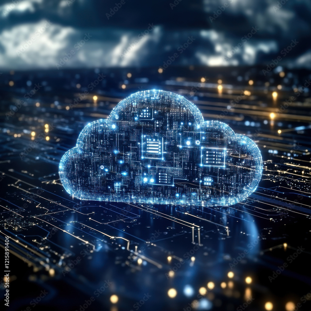 Poster futuristic cloud computing technology on background of microcircuit elements