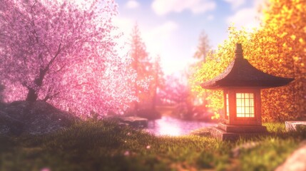 Serene Japanese Garden Lantern at Sunset with Blossoms