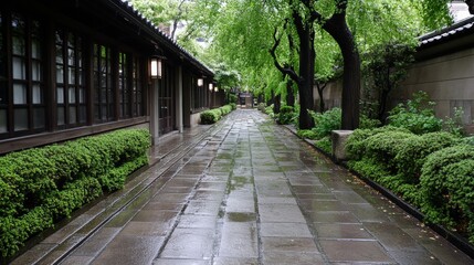 Serene Japanese Garden Pathway After Rain