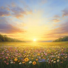 Golden Sunset over a Wildflower Meadow