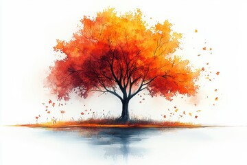 Vibrant Autumn Tree Reflected in Calm Water with Golden Leaves