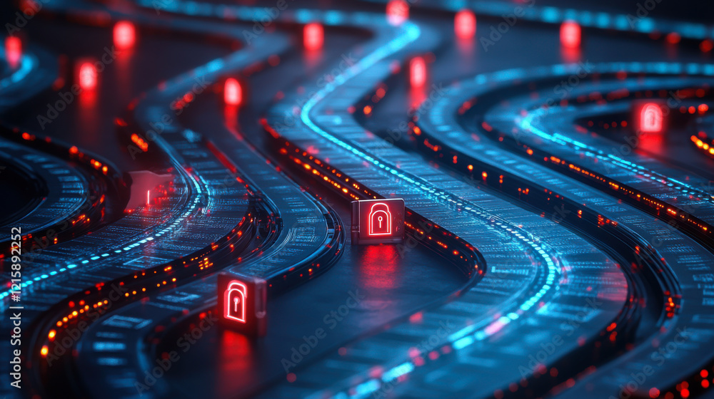 Poster complex data stream flowing through a series of security checkpoints