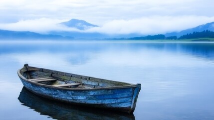 Serene Lake Landscape with Rowboat and Misty Mountains