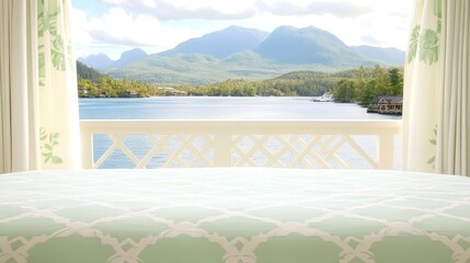 Fototapeta premium Serene Lakeside Bedroom View Mountain Panorama from Bed