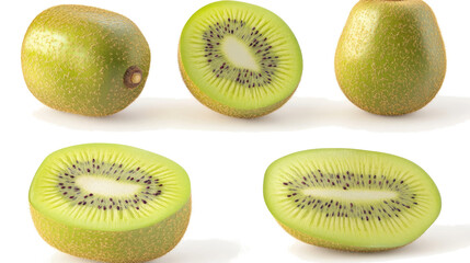 Fototapeta premium Fresh Green Kiwis Cut and Whole on a Transparent Background Generative AI