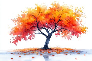 Fototapeta premium Vibrant Autumn Tree with Orange and Red Foliage in Watercolor Style