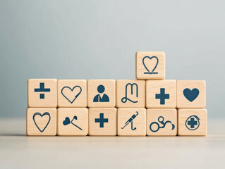 pyramid of health and medical icon on wooden cube with copy space for health insurance