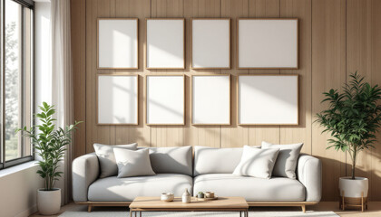 a gray sofa with white pillows, a wooden coffee table, and a large window with white curtains. Cozy modern living room with photo frame design
