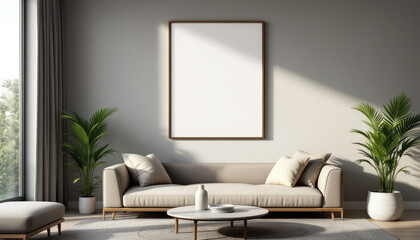 a beige sofa with two white pillows, a coffee table, and two potted plants. Cozy modern living room with photo frame design