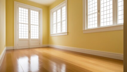 Obraz premium Minimalist yellow empty room with large window and wooden floor