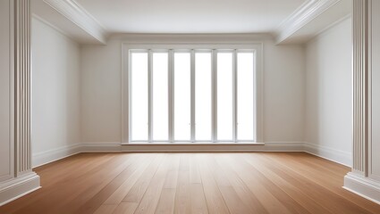 Fototapeta premium Minimalist white empty room with large window and wooden floor