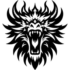 Tattoo of angry roaring dragon front view with open mouth head in monochrome. Wild roaring dragon in madness. Engraving minimalistic vector in black ink drawing on transparent background