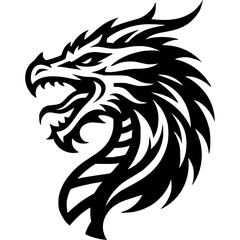 Tattoo of roaring dragon side view head in monochrome. Wild dragon in madness. Engraving minimalistic vector in black ink drawing on transparent background