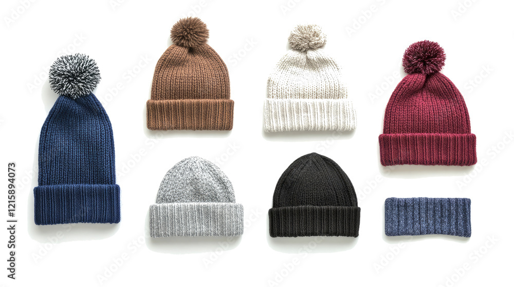 Poster knitted wool hats collection on transparent background generative ai