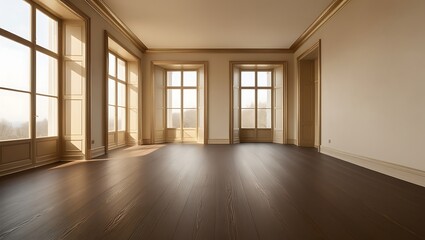 Fototapeta premium Minimalist gold empty room with large window and wooden floor