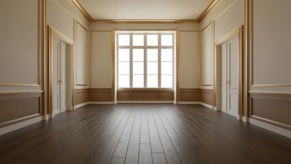 Fototapeta premium Minimalist gold empty room with large window and wooden floor
