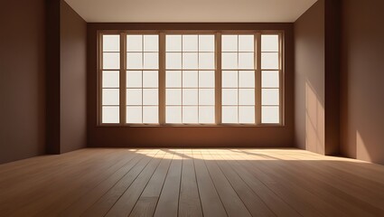 Fototapeta premium Minimalist brown empty room with large window and wooden floor