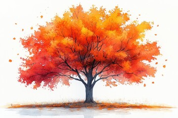 Vibrant Autumn Tree with Red and Orange Leaves on White Background